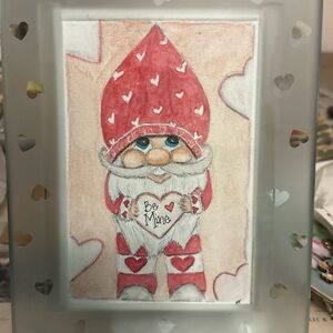 Frosted Heart Patterned Frame with Watercolor Gnome Decor 8” x 6”